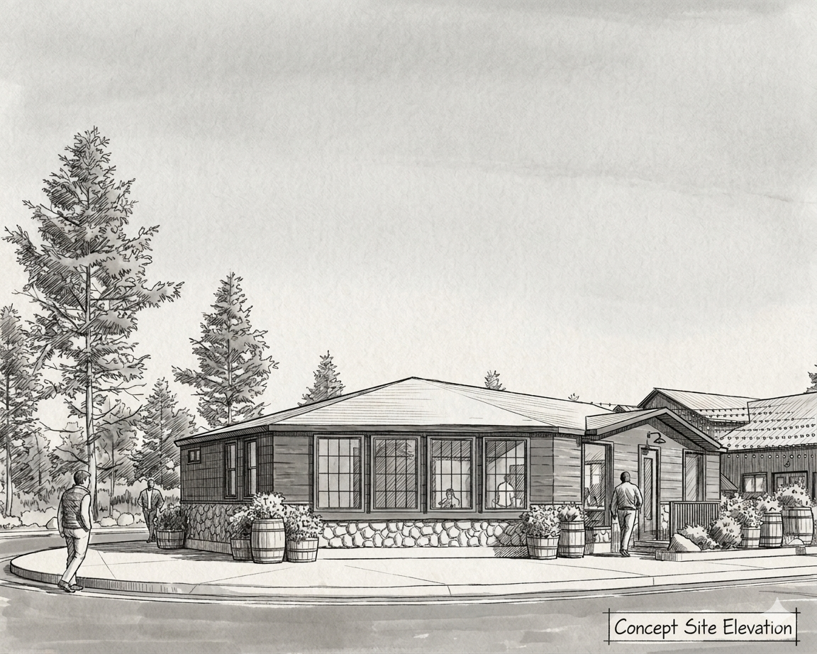 Architectural concept sketch showing the corner retail building elevation at Big Bear Blvd and Mill Creek Road