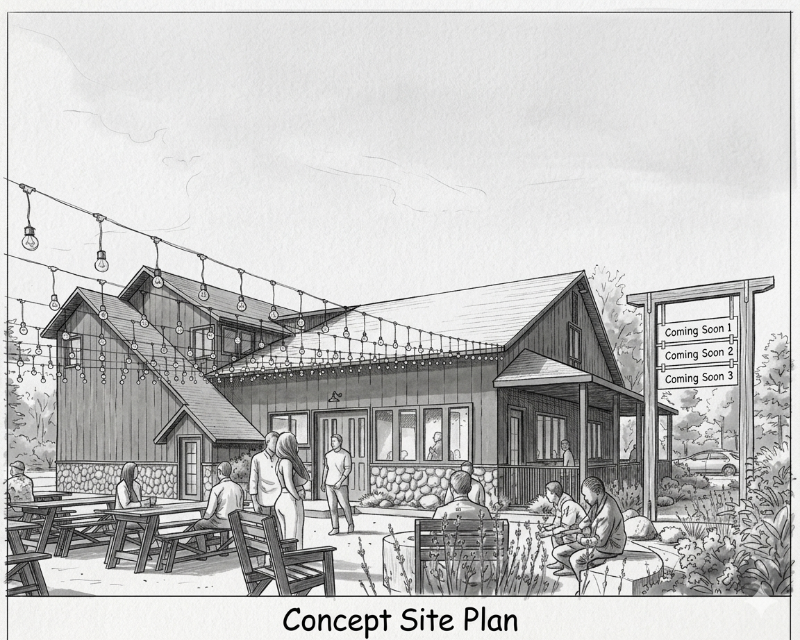 Architectural concept sketch showing the outdoor patio and community gathering space perspective